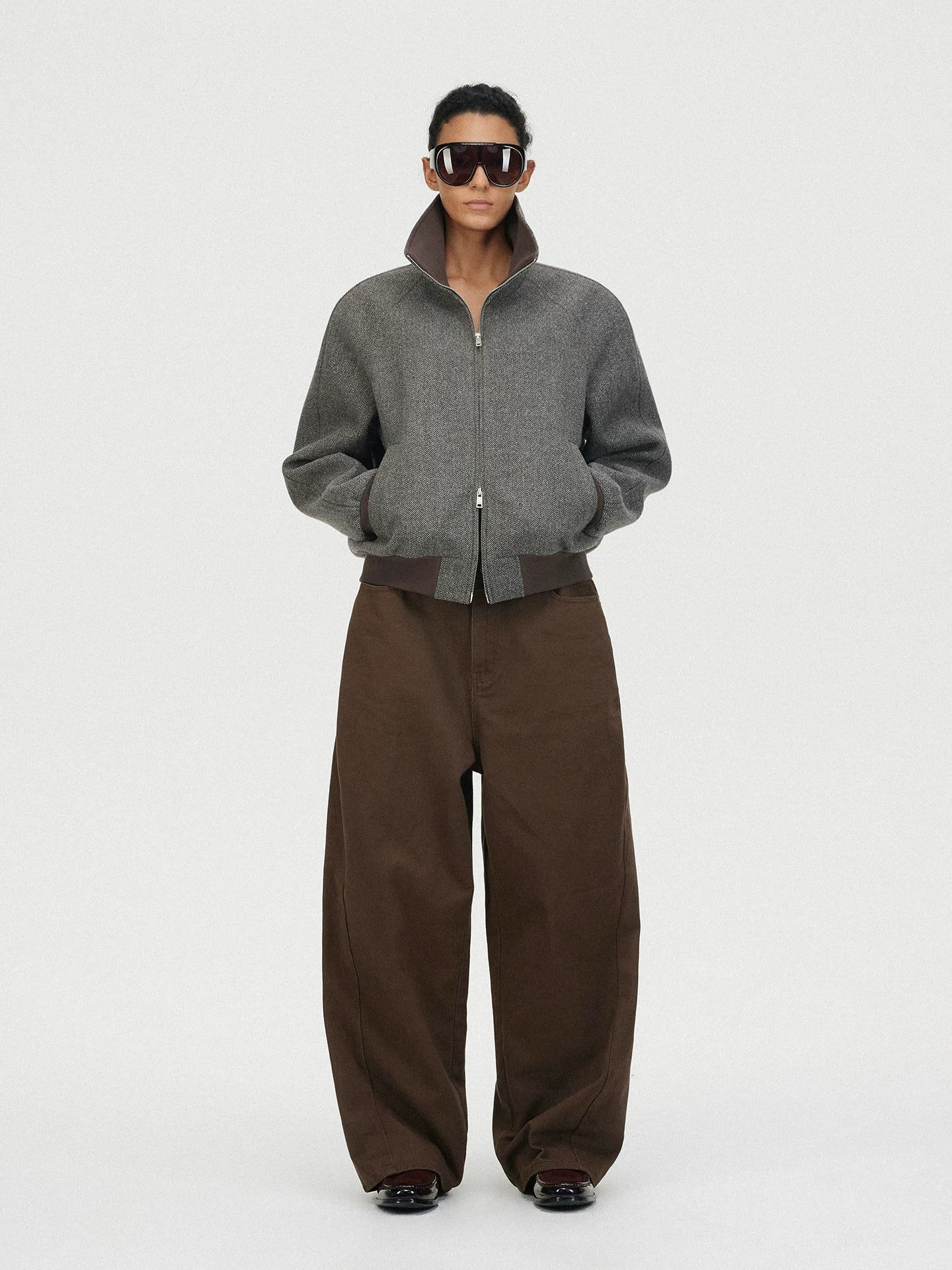 Lorbrv | Herringbone Wool High-Collar Curved Shoulder Jacket