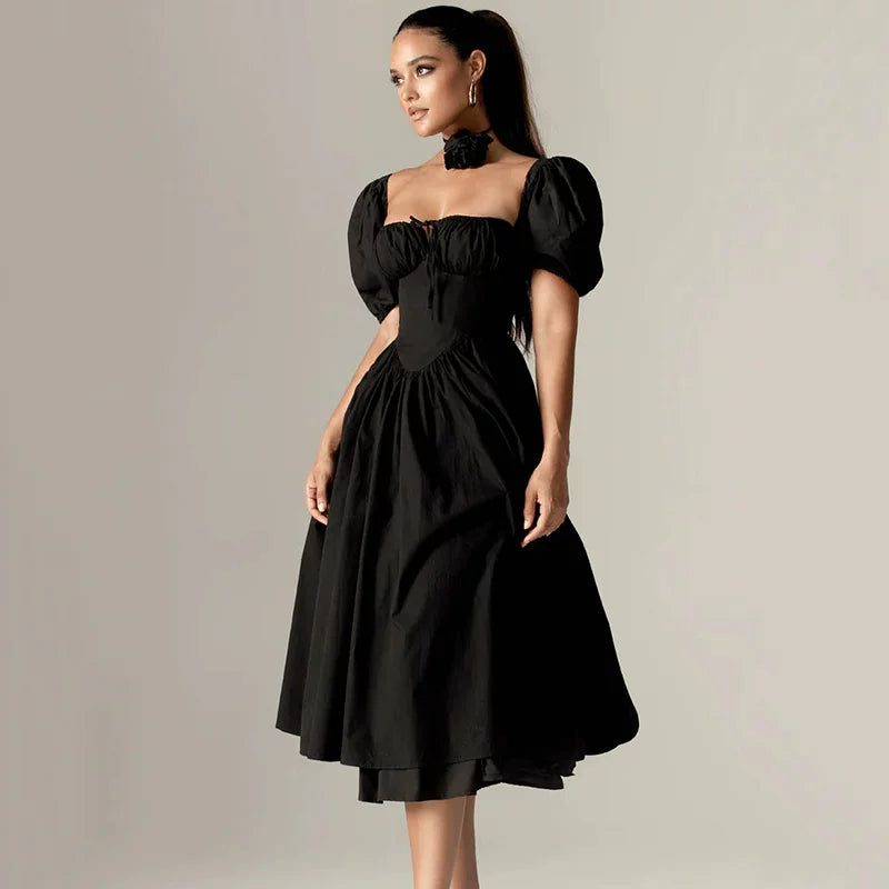 Lorbrv | French Black Square Neck Puff Sleeve Waist Midi Dress