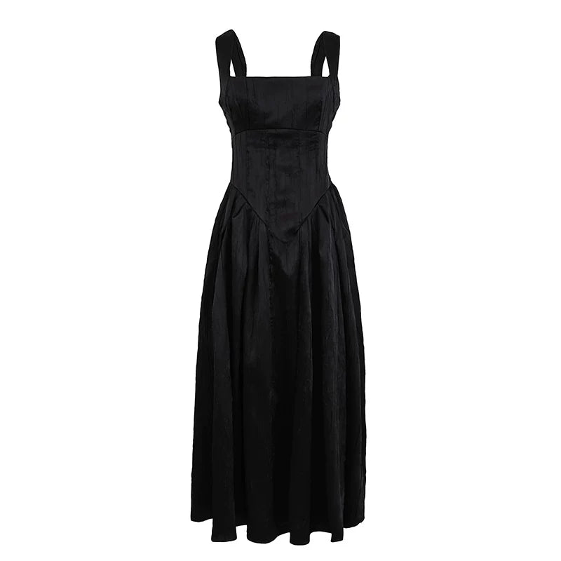 Lorbrv | French High-End Lustrous Suspender Midi Dress with Waist-Defining Fit