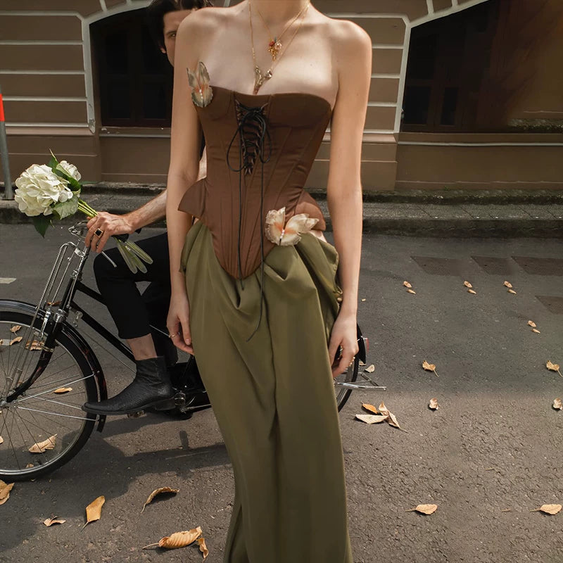 Lorbrv| Elegant Brown Mesh Belted Suspender Maxi Dress for Women