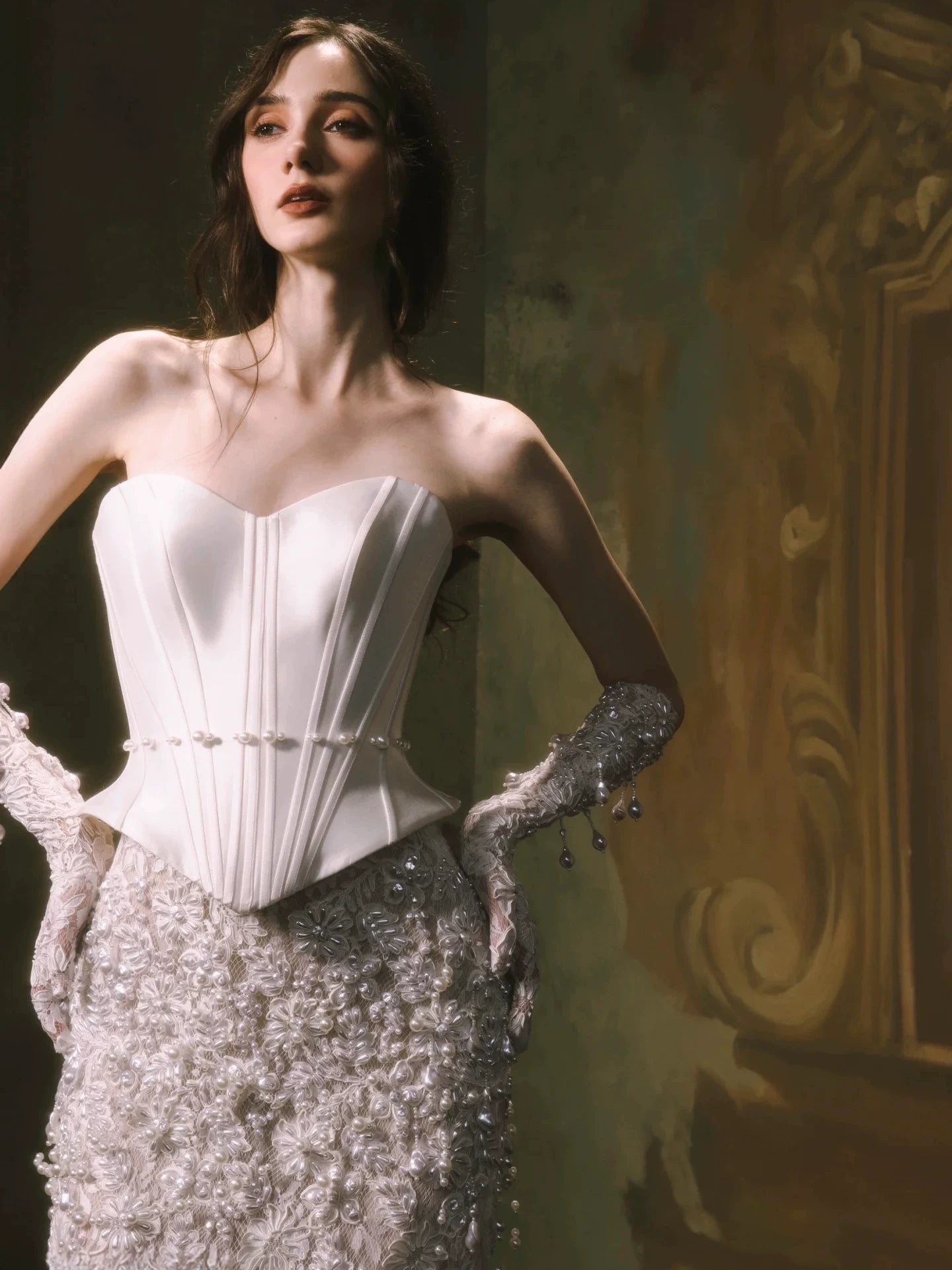 Lorbrv | French Tube Top White Pearl Lace Fishtail Wedding Dress