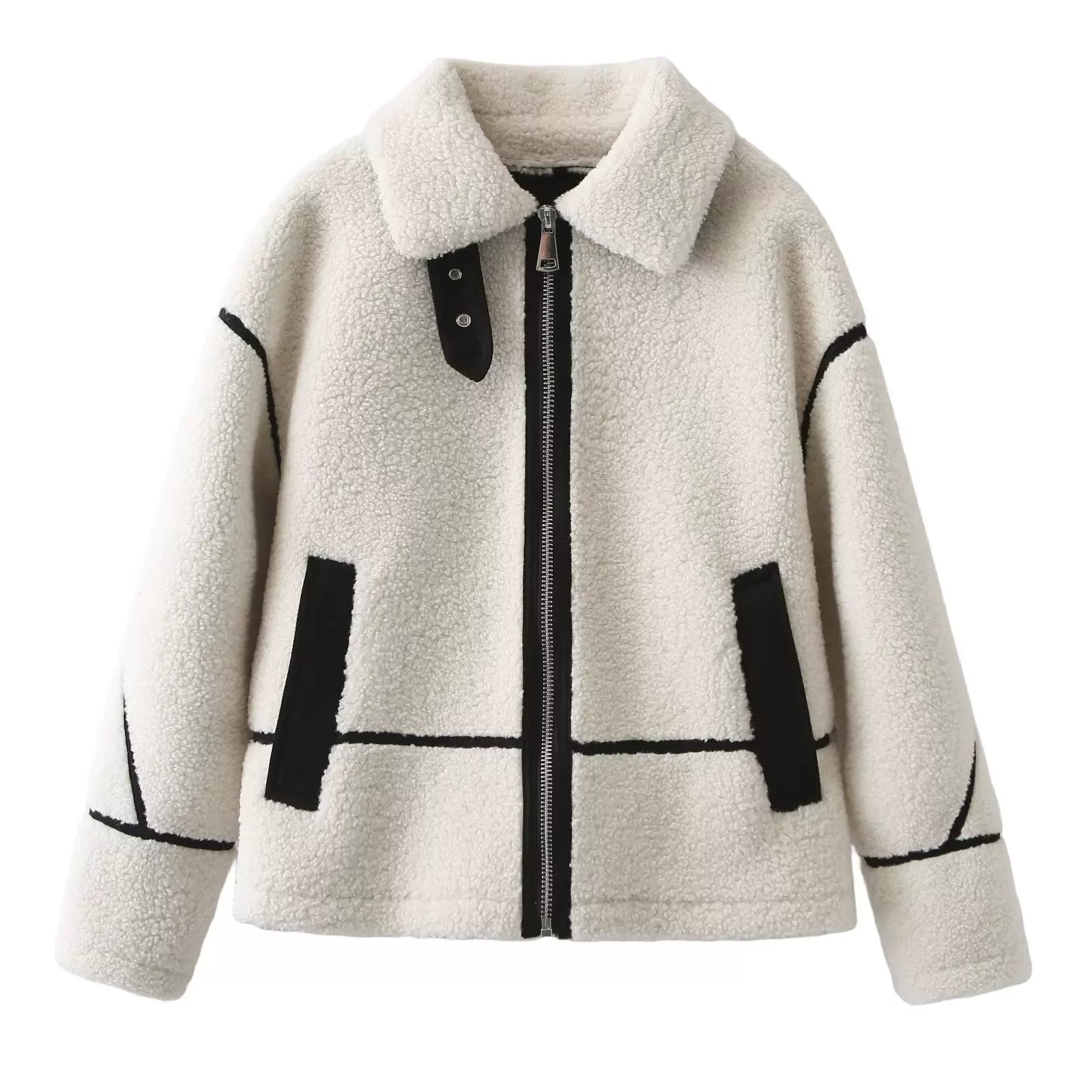 Lorbrv| American Retro Motorcycle Jacket with Contrast Fleece Lapel