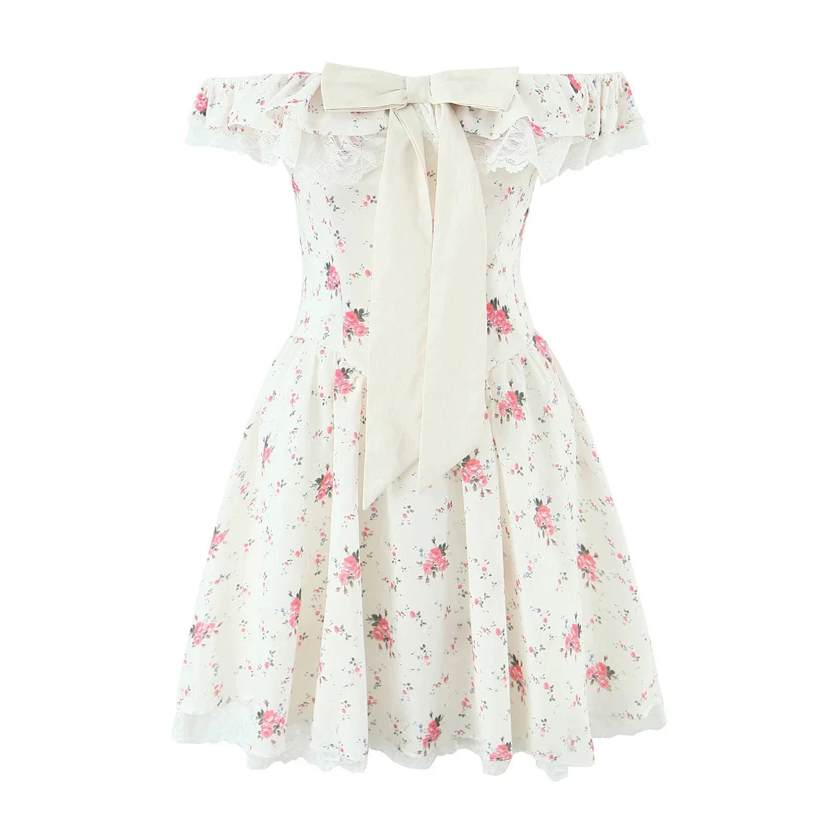 Lorbrv| French Sweet One Shoulder Floral Dress with Bow for Women
