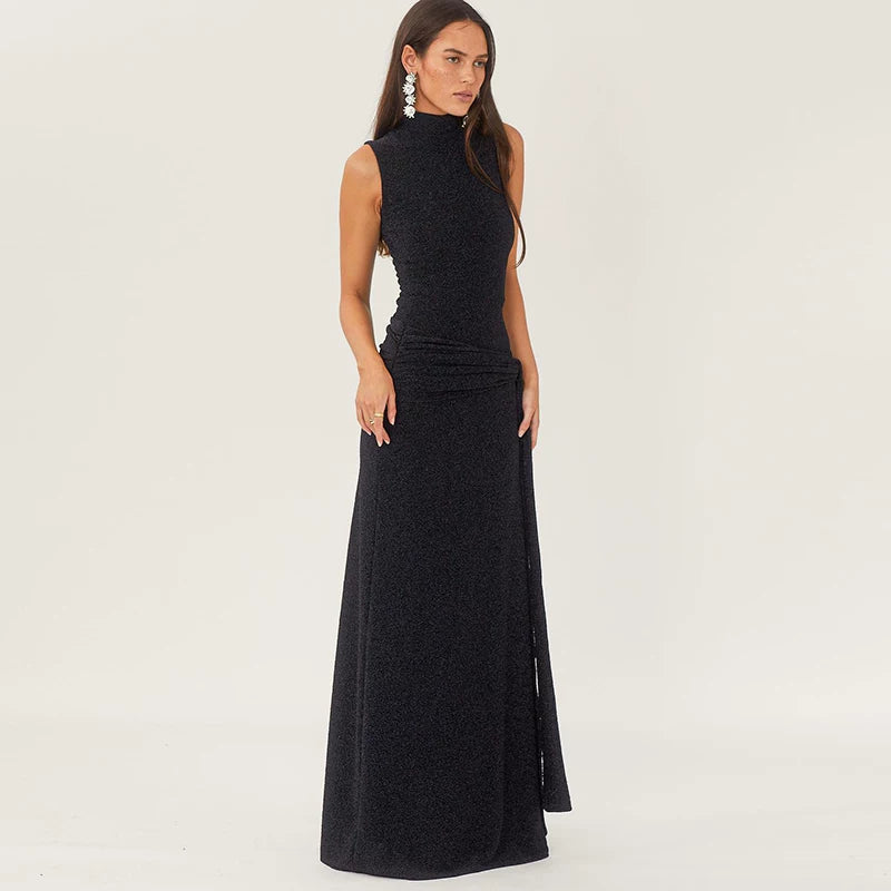 Lorbrv| European-American Black Silk Sleeveless Knee-Length Dress for Women