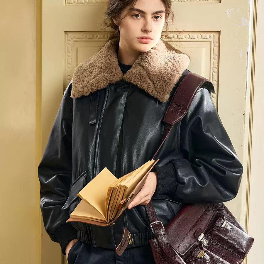 Lorbrv | Retro Short Leather Biker Jacket with Fur One-Lapel
