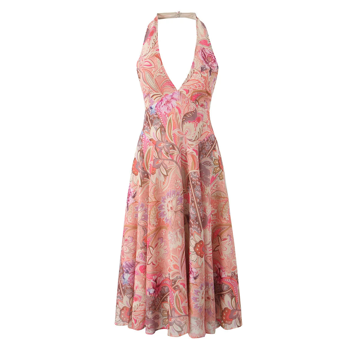 Lorbrv | French Fairy Blue Jacquard V-Neck Backless Halter Holiday Dress for Women
