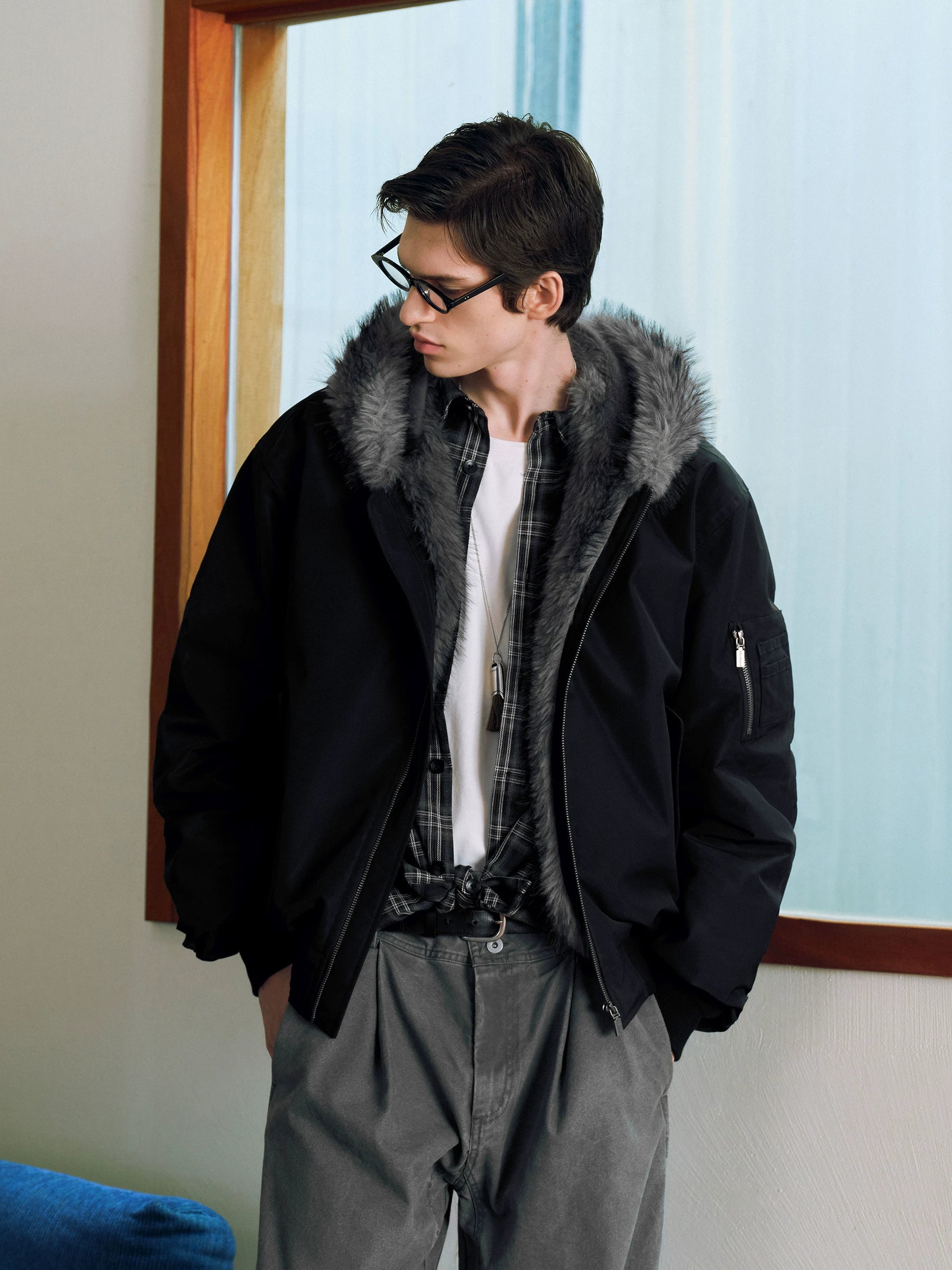 Lorbrv | American Knitted Bomber Jacket with Fur Collar
