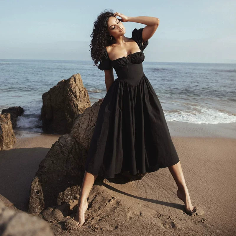 Lorbrv | French Black Square Neck Puff Sleeve Waist Midi Dress