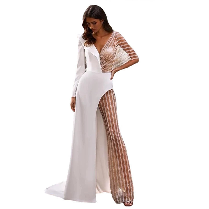 Lorbrv | Ladylike Deep V Backless Sequin Lace Banquet Dress for Women