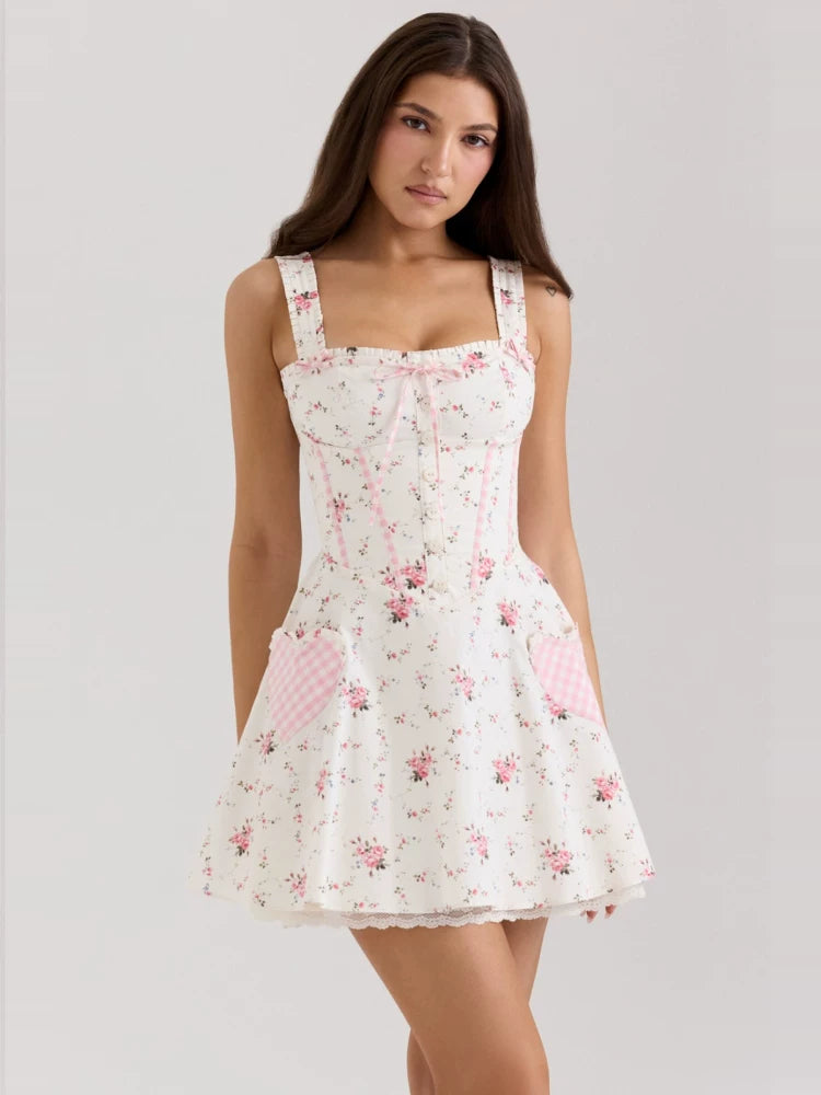 Lorbrv | French Pure Desire Deep V-Neck Bow Embroidered Lace A-Line Mini Dress for Women