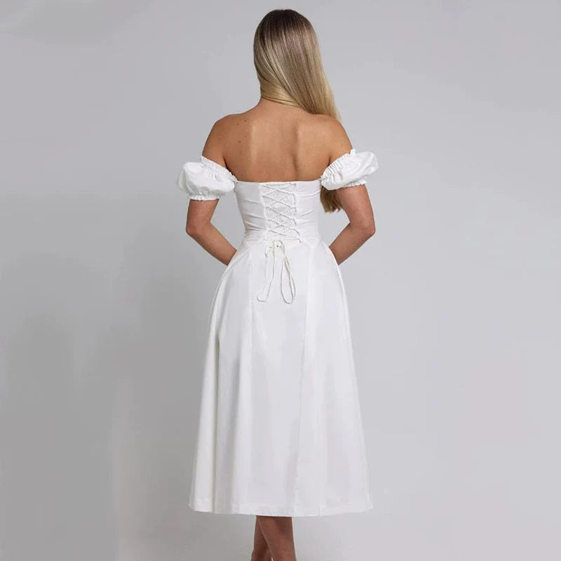 Lorbrv | French Sweet One-Shoulder Puff Sleeve Midi Dress with Bow