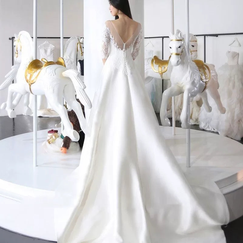 Lorbrv | Satin One-Shoulder French Forest-Inspired Wedding Dress with Lace Trailing Skirt