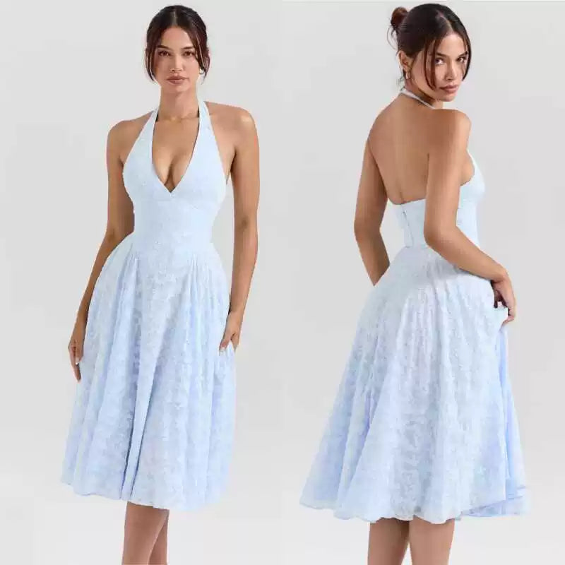 Lorbrv | French Fairy Blue Jacquard V-Neck Backless Halter Holiday Dress for Women