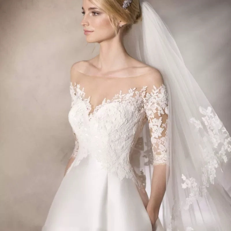 Lorbrv | Satin One-Shoulder French Forest-Inspired Wedding Dress with Lace Trailing Skirt