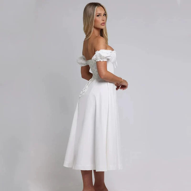 Lorbrv | French Sweet One-Shoulder Puff Sleeve Midi Dress with Bow