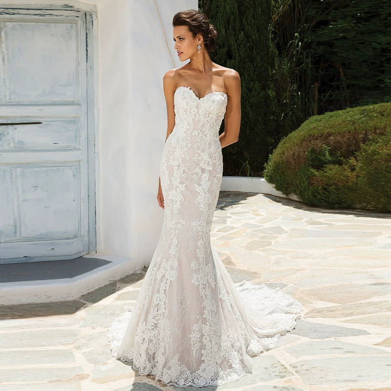 Lorbrv | French Tube Top Fishtail Wedding Dress with Slimming Lace Tail