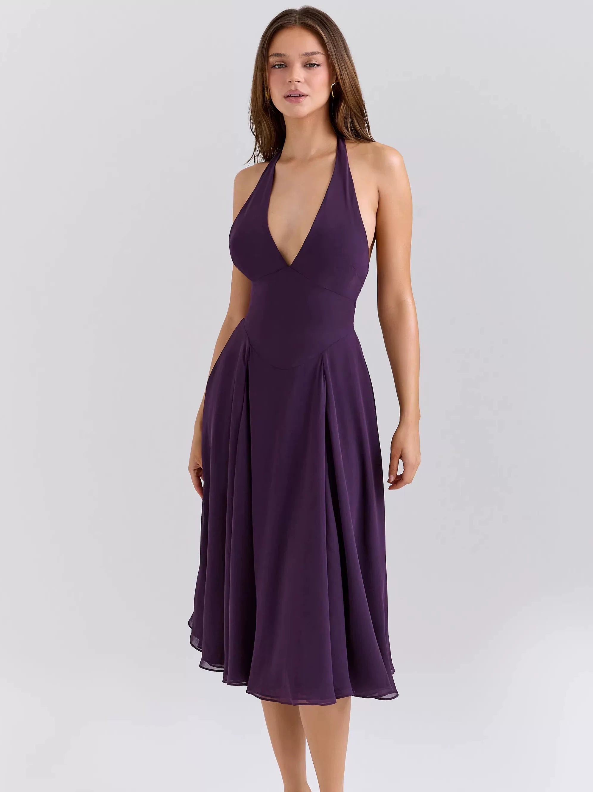 Lorbrv| French Romantic Purple Halter Neck Backless Deep V Dress for Women