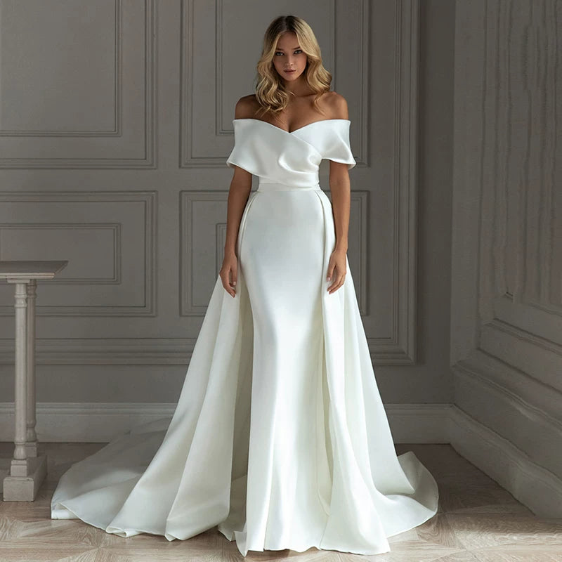 Lorbrv | French Satin One-Shoulder Wedding Dress with Long Elegant Tail