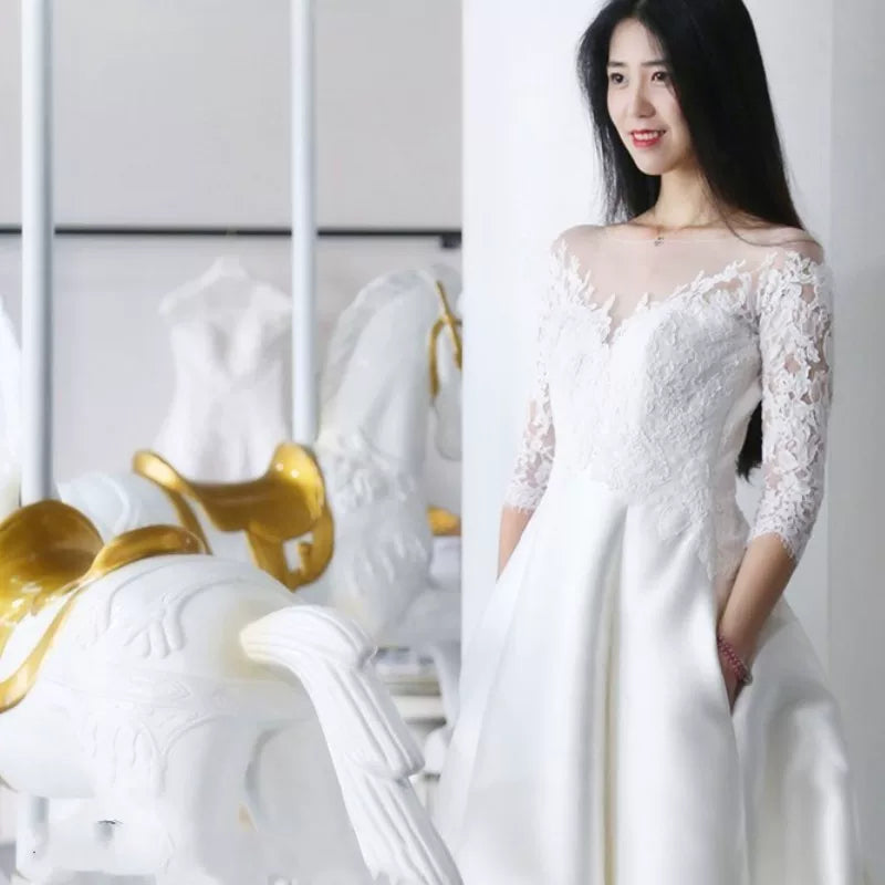 Lorbrv | Satin One-Shoulder French Forest-Inspired Wedding Dress with Lace Trailing Skirt
