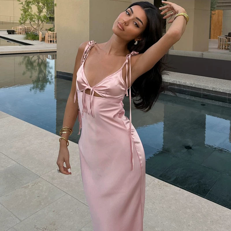Lorbrv | French-Inspired Satin Suspender Dress with Hollow Design and Fishtail midi Skirt