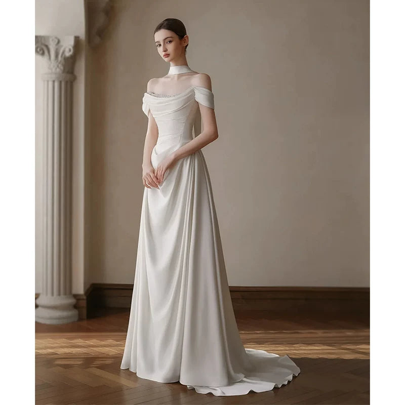 Lorbrv | French One-Shoulder Light Luxury Wedding Dress with Satin Trailing Skirt