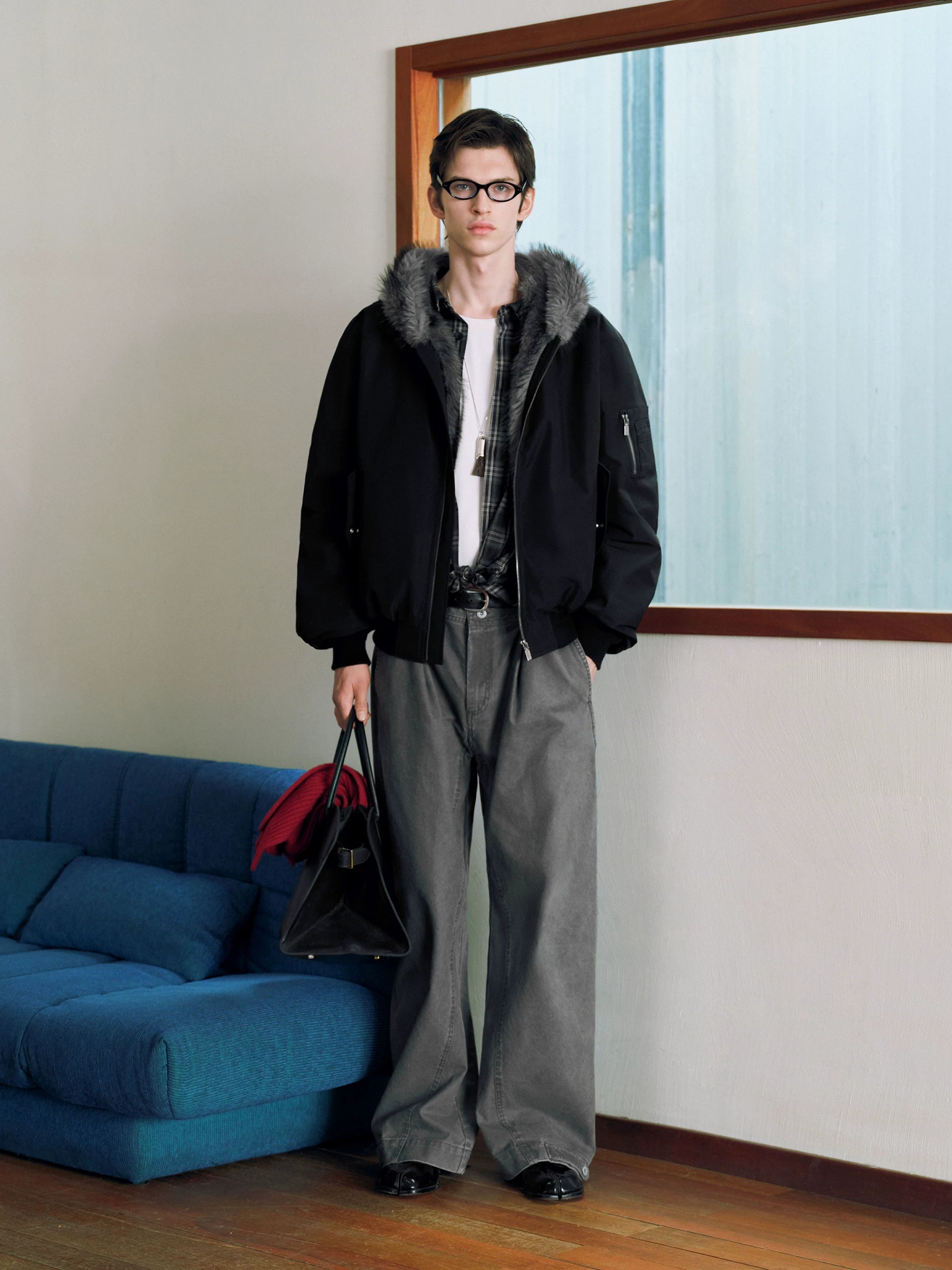 Lorbrv | American Knitted Bomber Jacket with Fur Collar