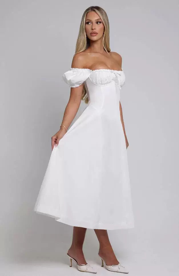 Lorbrv | French Sweet One-Shoulder Puff Sleeve Midi Dress with Bow