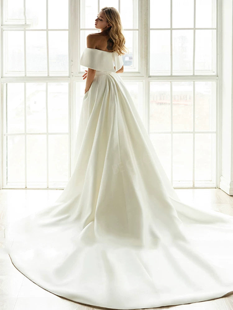 Lorbrv | French Satin One-Shoulder Wedding Dress with Long Elegant Tail