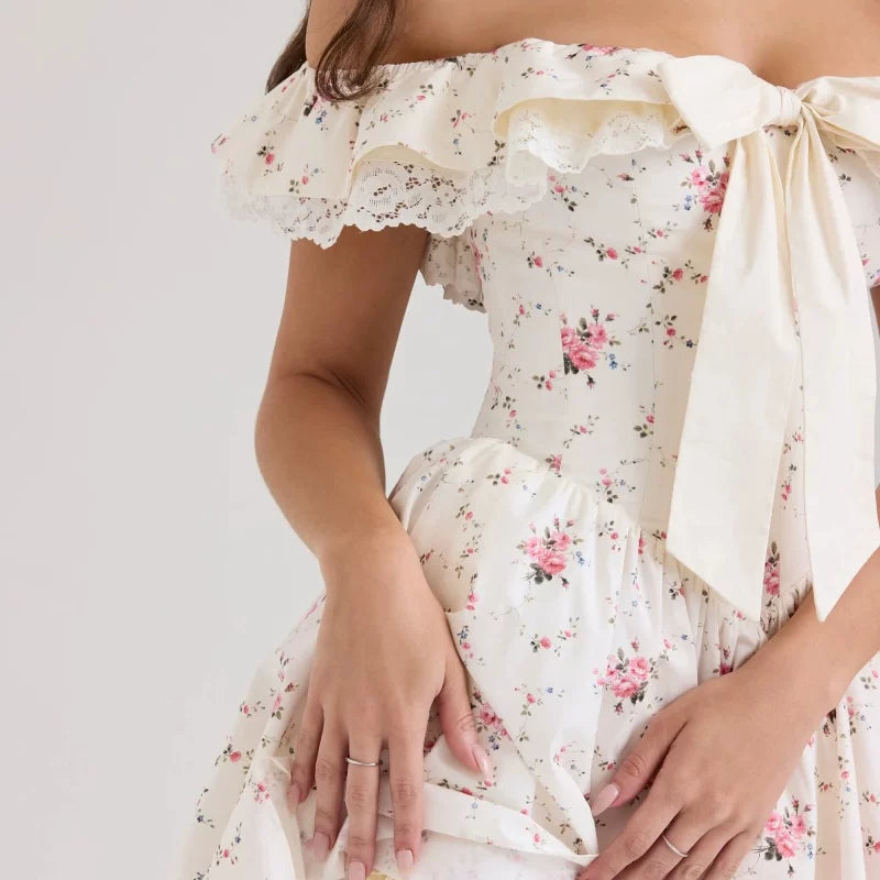 Lorbrv| French Sweet One Shoulder Floral Dress with Bow for Women