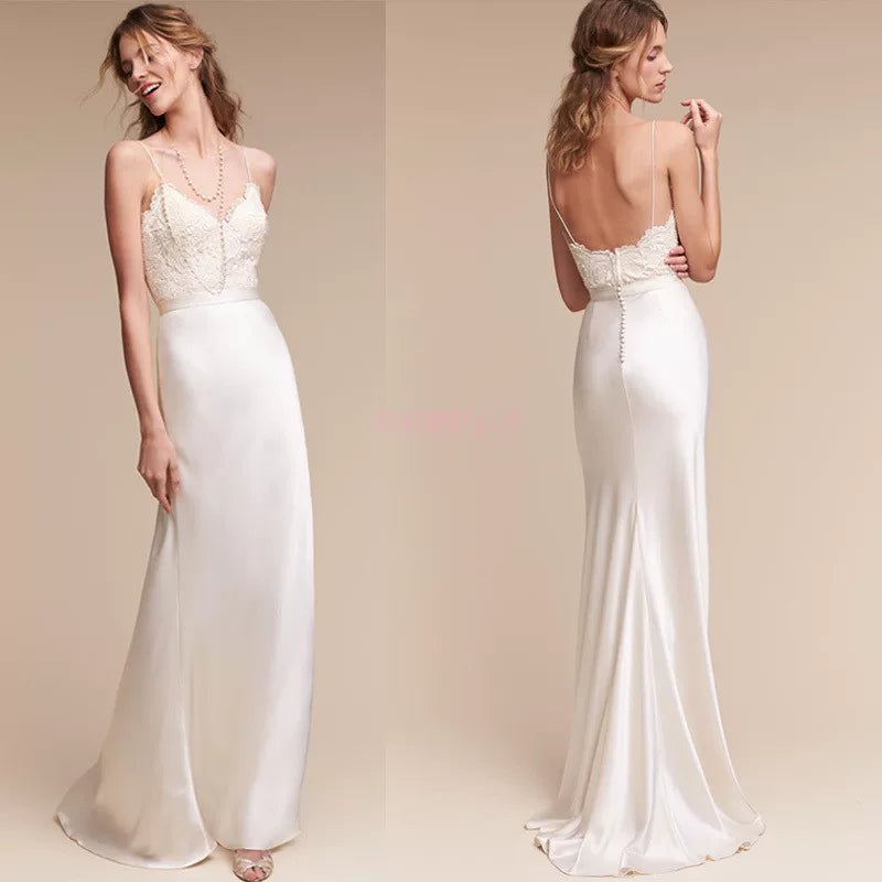 Lorbrv | Elegant White Suspender Backless Wedding Dress with Slimming Small Tail