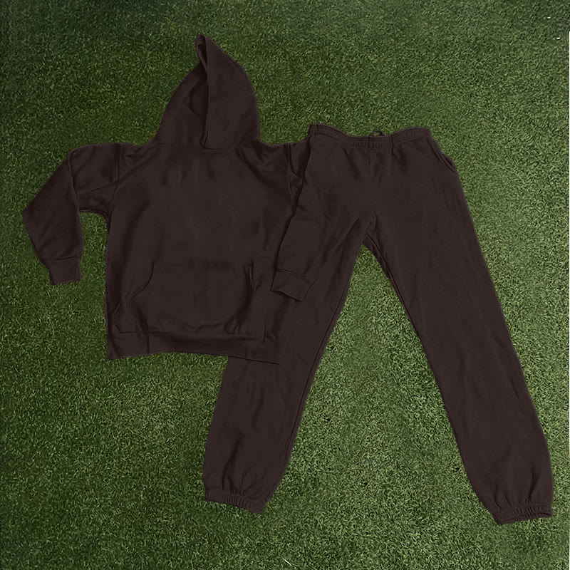 100% Cotton Solid Color Casual Hoodie And Sweatpants Two-piece Set - Coffee - 2XL - image 6