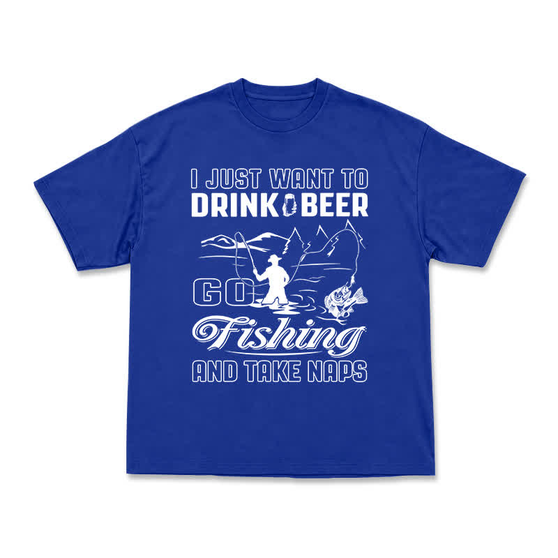 Casual Fishing Graphic T-Shirt with Beer and Naps Slogan - Blue - US16-18(2XL) - image 15