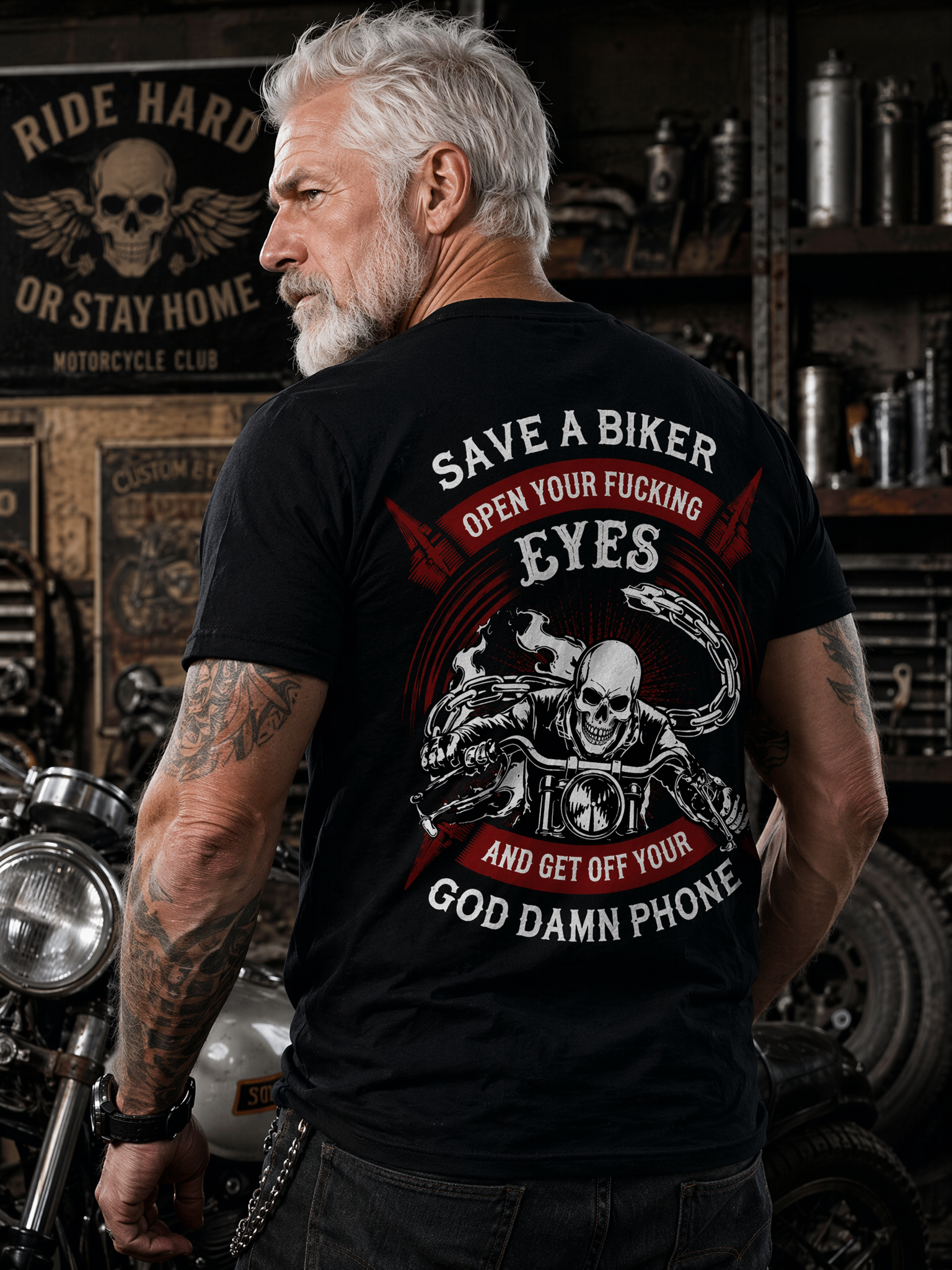 Street Moto Skull Rider Oversized Back Graphic T-Shirt