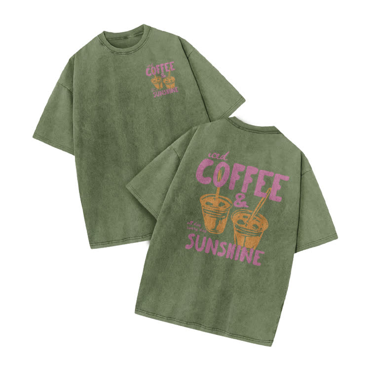 Vintage Coffee Sunshine Print Acid Washed T-Shirt - Army Green - US20-22(3XL) - image 7