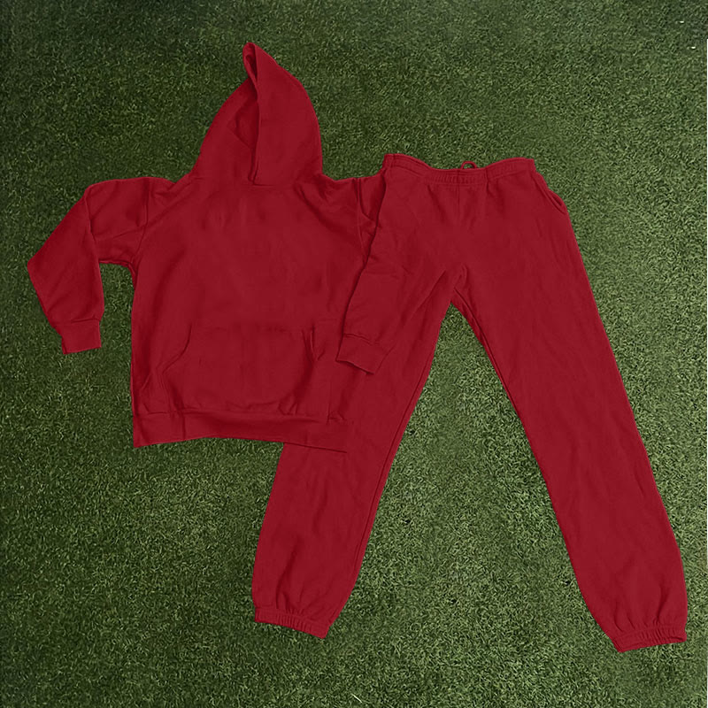 100% Cotton Solid Color Casual Hoodie And Sweatpants Two-piece Set - Red - 2XL - image 7