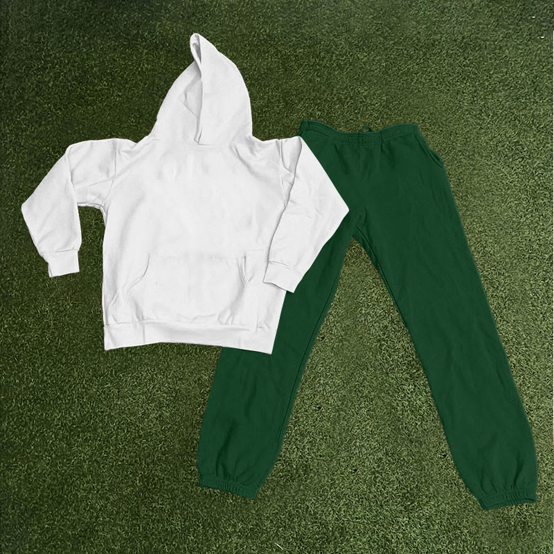 100% Cotton Solid Color Casual Hoodie And Sweatpants Two-piece Set - white and green - 2XL - image 2