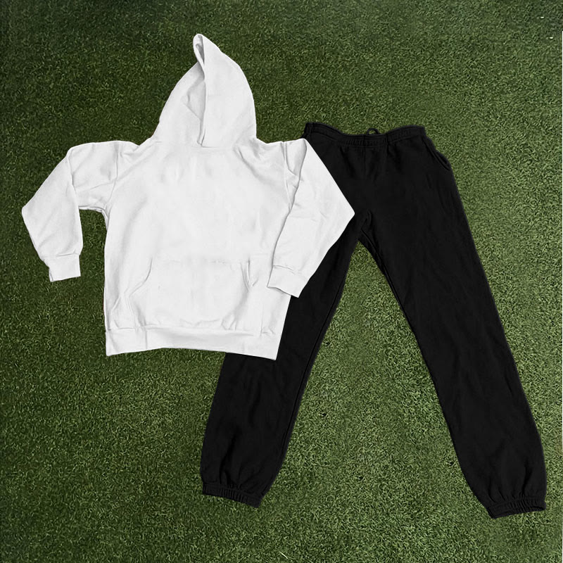 100% Cotton Solid Color Casual Hoodie And Sweatpants Two-piece Set - White and black - 2XL - image 1