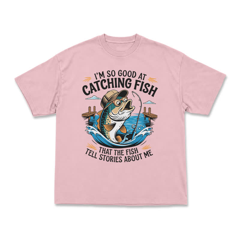 Playful Catching Fish Quote Illustrated Casual T-Shirt - Pink - US16-18(2XL) - image 7