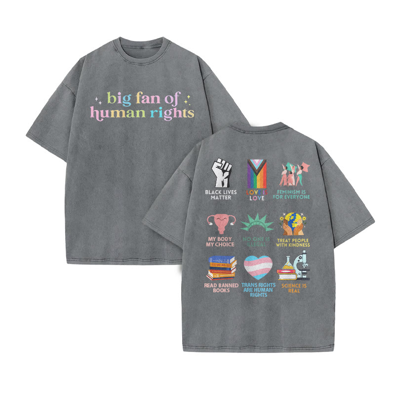 Big Fan Of Human Rights Print Acid Washed T-shirt - Grey - US20-22(3XL) - image 4