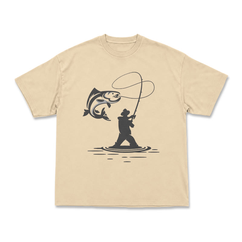 Minimal Fisherman Cast Graphic Oversized Short Sleeve T-Shirt - Apricot - US16-18(2XL) - image 3