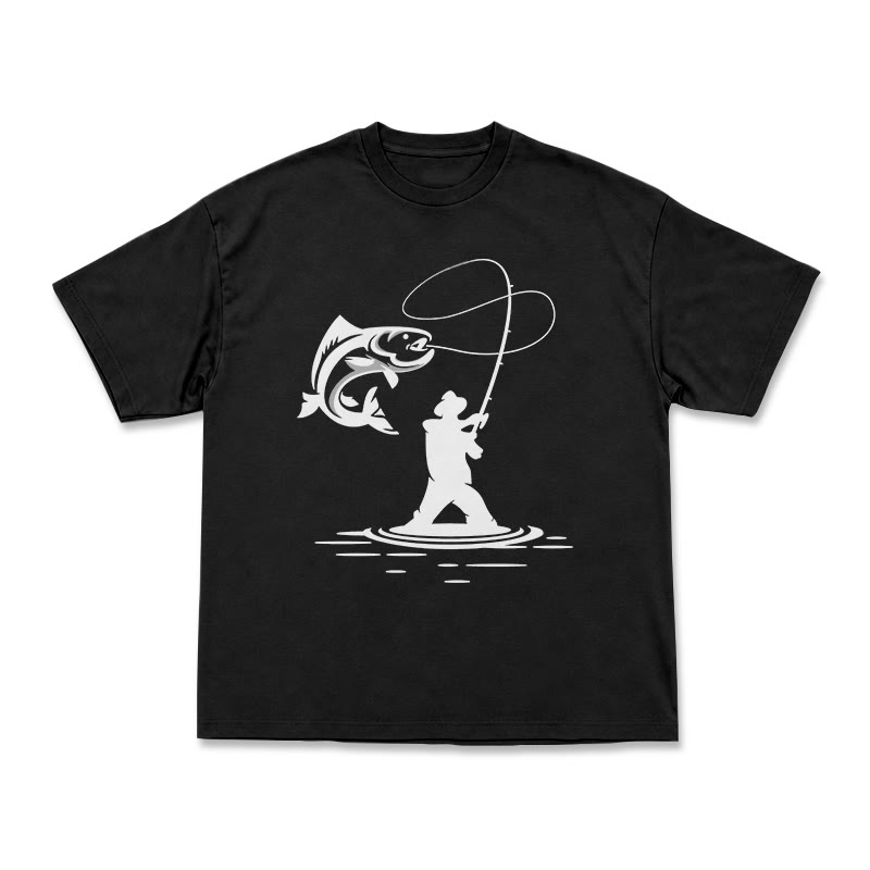 Minimal Fisherman Cast Graphic Oversized Short Sleeve T-Shirt - Black - US16-18(2XL) - image 1