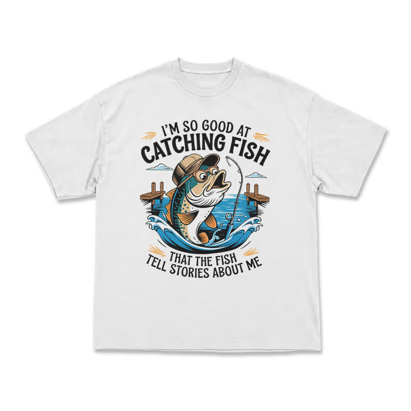 Playful Catching Fish Quote Illustrated Casual T-Shirt - White - US16-18(2XL) - image 2