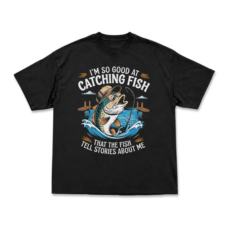 Playful Catching Fish Quote Illustrated Casual T-Shirt - Black - US16-18(2XL) - image 1