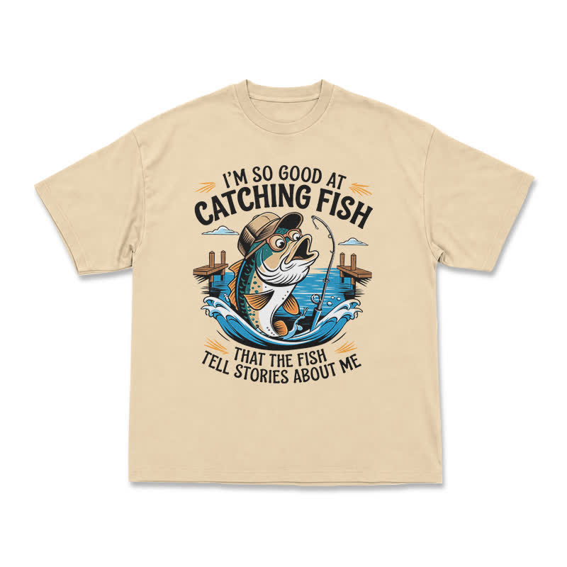 Playful Catching Fish Quote Illustrated Casual T-Shirt - Apricot - US16-18(2XL) - image 5