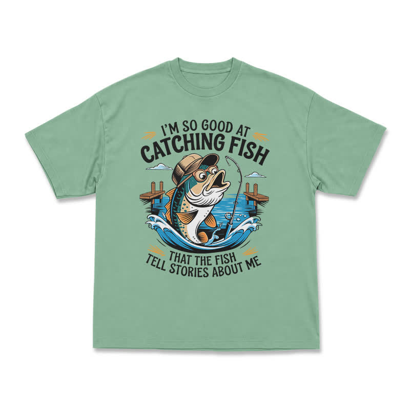 Playful Catching Fish Quote Illustrated Casual T-Shirt - Light Green - US16-18(2XL) - image 4
