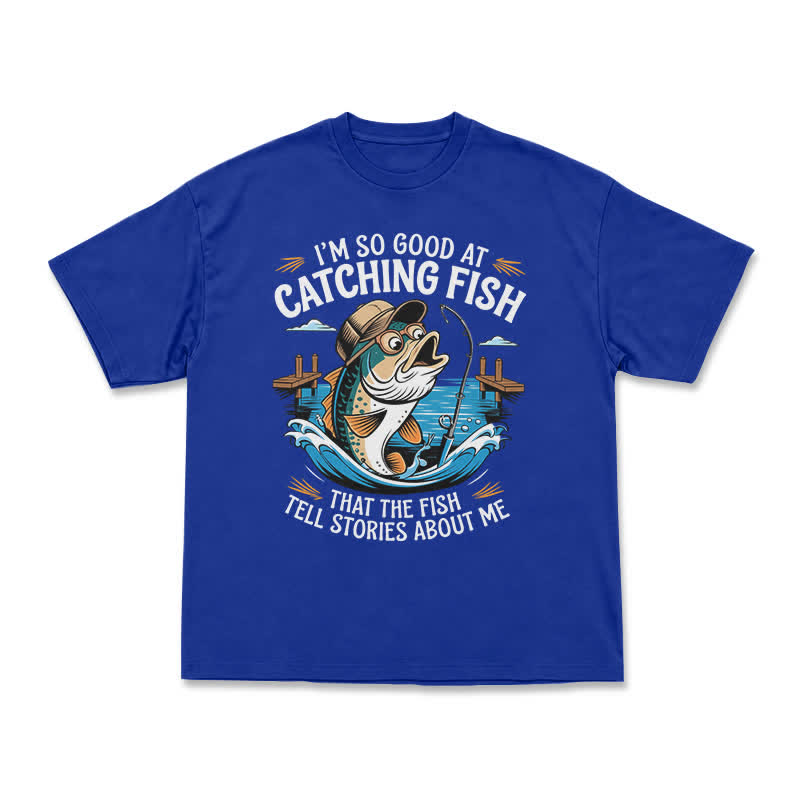 Playful Catching Fish Quote Illustrated Casual T-Shirt - Blue - US16-18(2XL) - image 13
