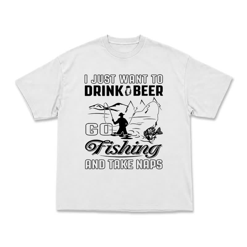 Casual Fishing Graphic T-Shirt with Beer and Naps Slogan - White - US16-18(2XL) - image 2
