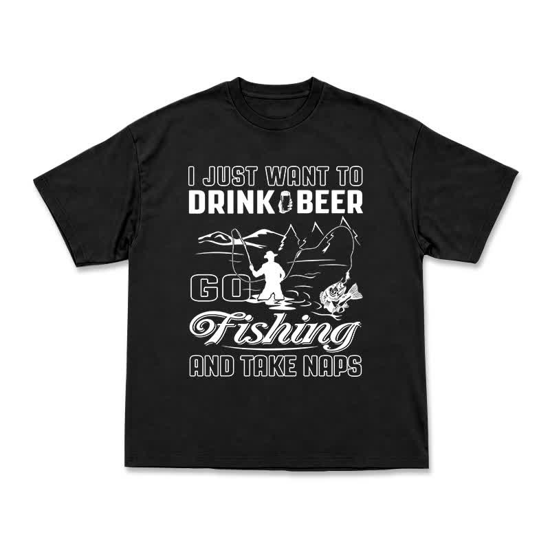 Casual Fishing Graphic T-Shirt with Beer and Naps Slogan - Black - US16-18(2XL) - image 1