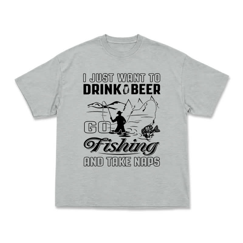 Casual Fishing Graphic T-Shirt with Beer and Naps Slogan - Grey - US16-18(2XL) - image 5