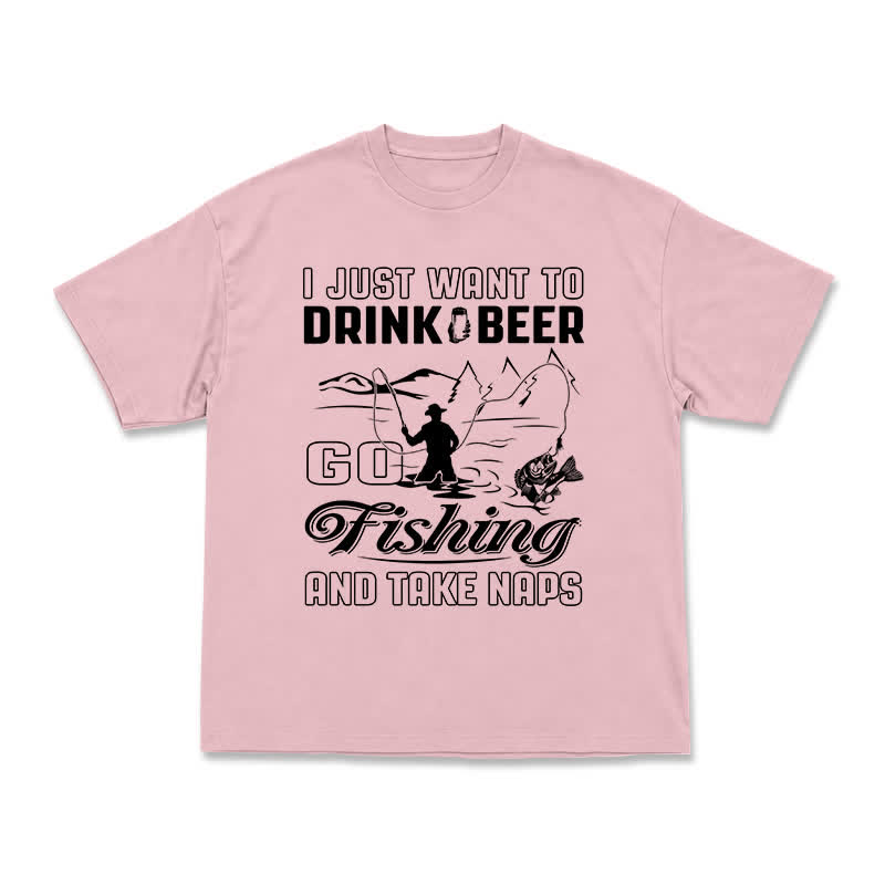 Casual Fishing Graphic T-Shirt with Beer and Naps Slogan - Pink - US16-18(2XL) - image 3